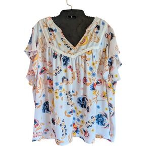 Zac & Rachel Blouse Woman 2 Boho Floral Lace Trim Flutter Sleeve Peasant Top